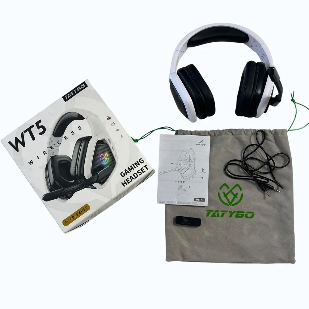Tatybo WT5 Wireless Gaming Headset White‎ RGB 7.1 Surround Sound PC PS4 PS5
